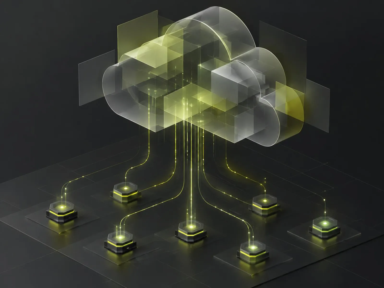 Concept illustration: edge nodes sending data streams up into a layered cloud structure