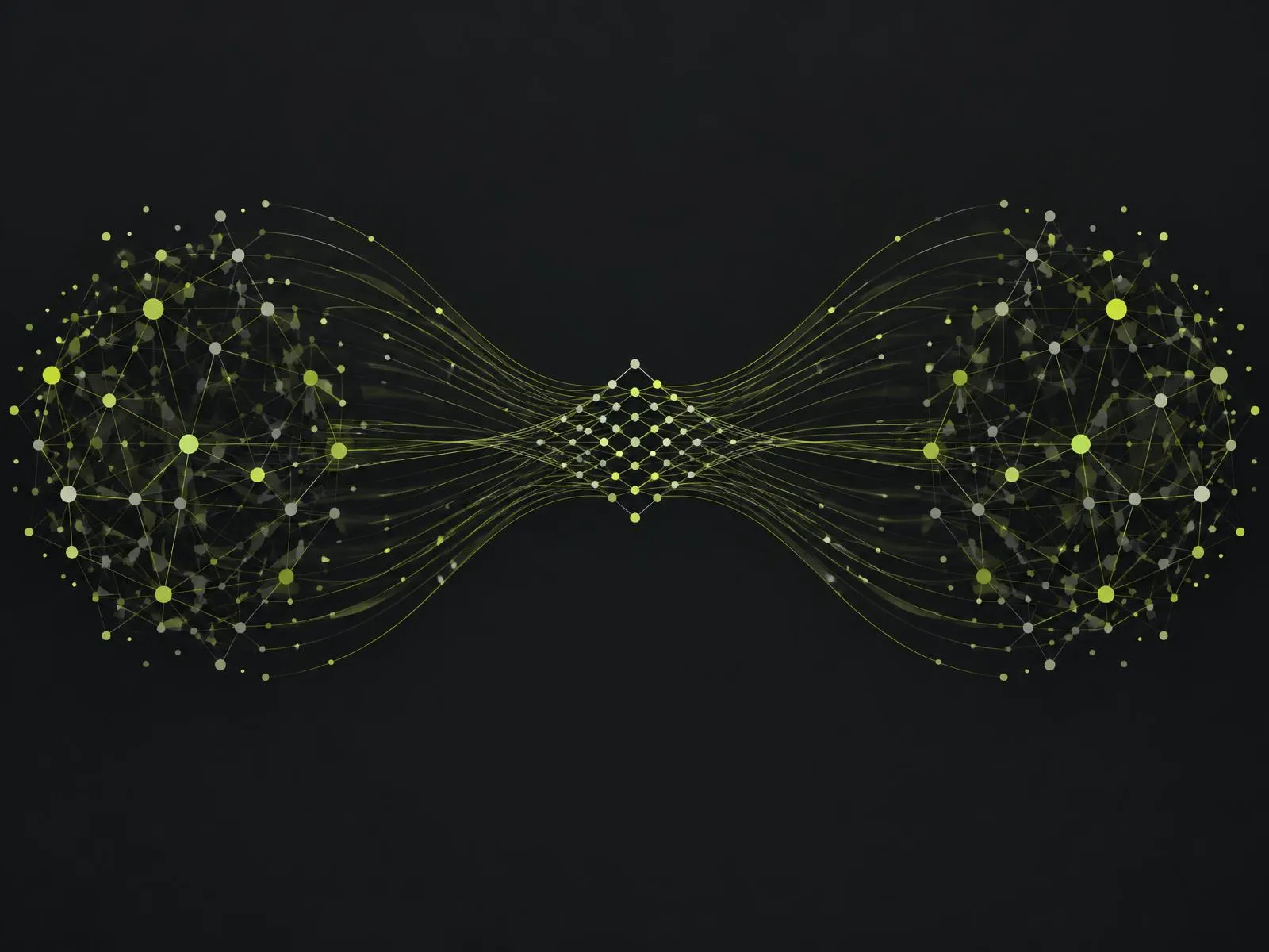 Concept illustration: two clusters of nodes joined by fine lines in a central lattice, symbolising demand and resource matching