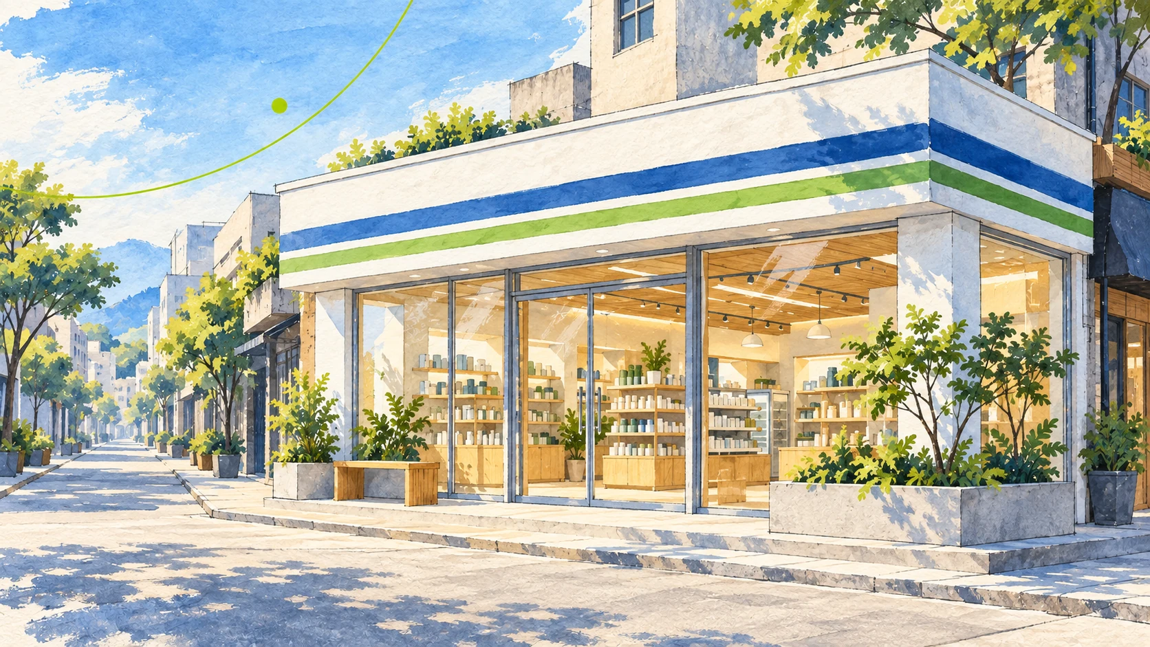 FamilyMart partnership concept illustration: a bright convenience retail building on a tree-lined street corner, not a specific actual store