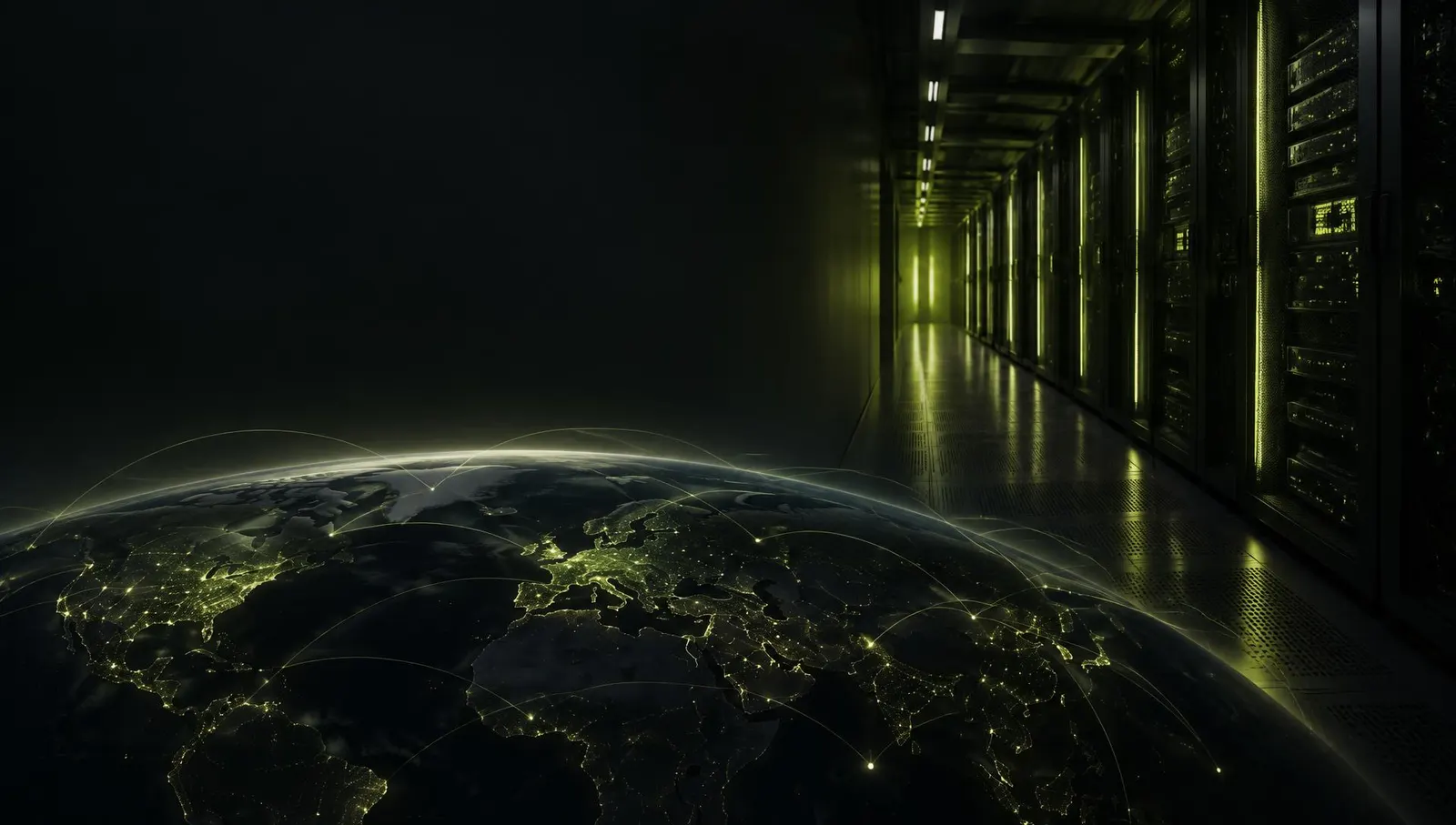 Concept illustration: a dim GPU data-center aisle extending into a light-linked global compute network