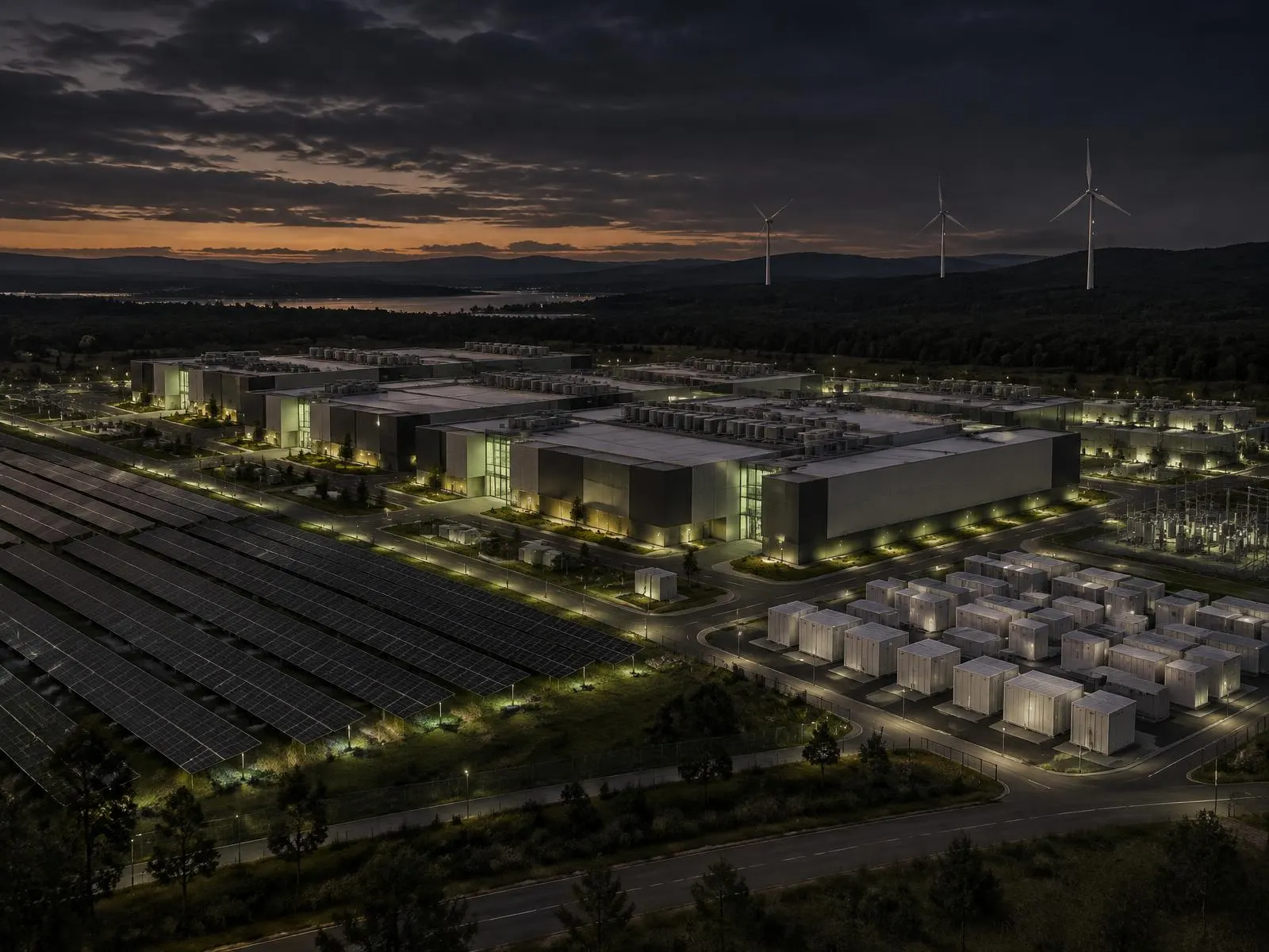 Concept illustration: aerial view of a compute campus with solar, wind and battery storage containers