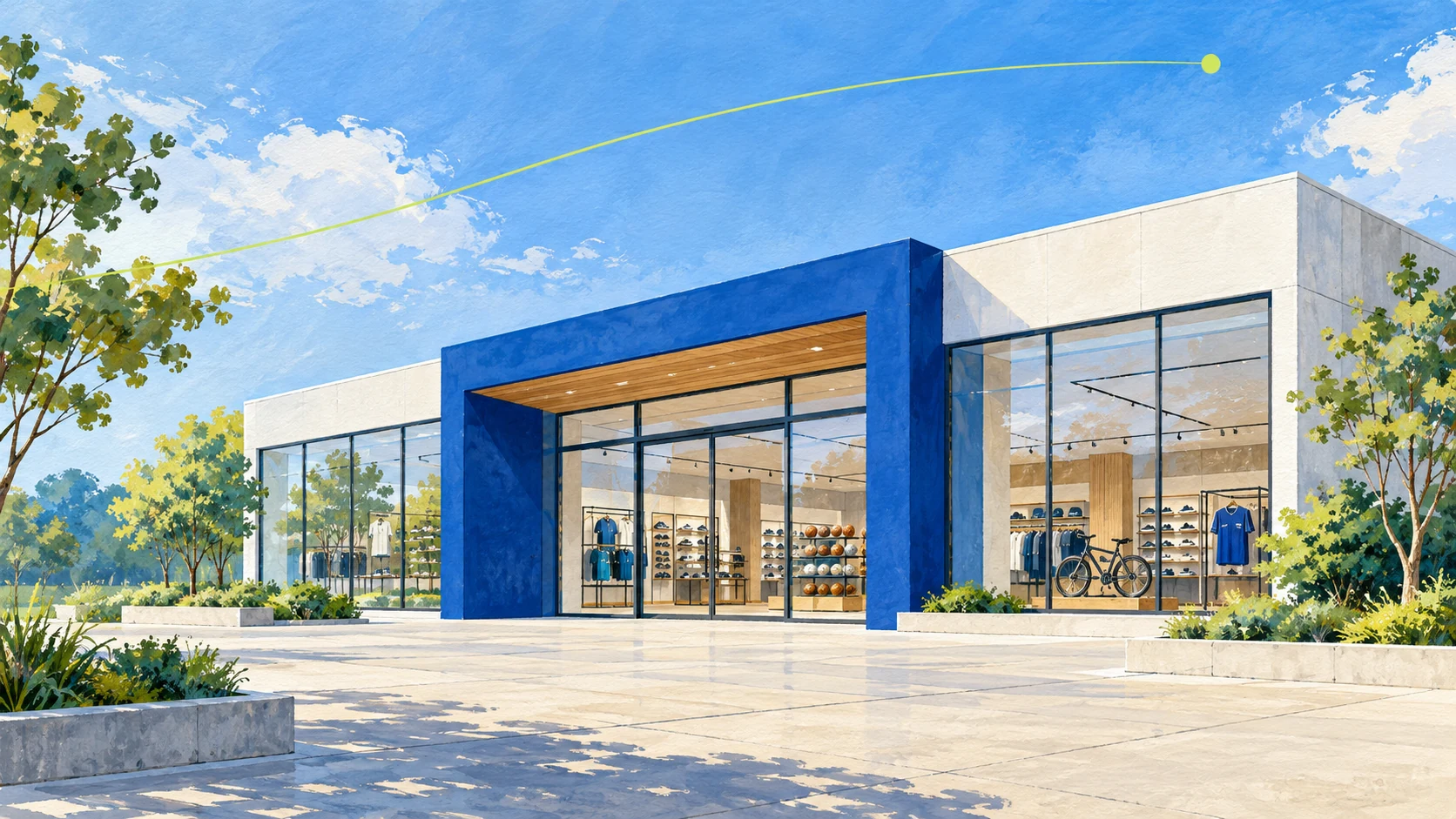 Decathlon partnership concept illustration: a geometric blue-white entrance and bright sports retail space, not a specific actual store