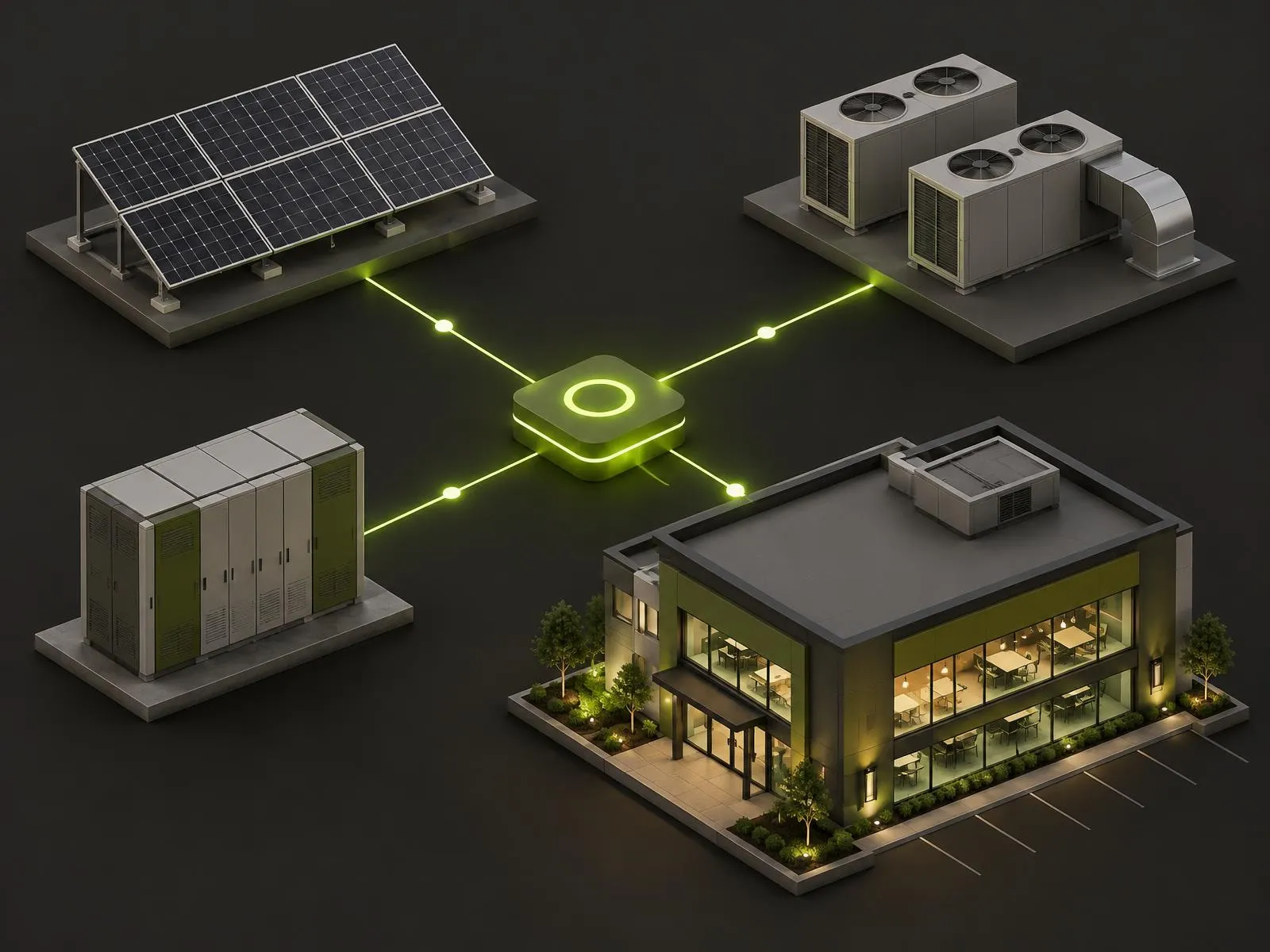 Concept illustration: solar panels, a battery cabinet, HVAC units and a commercial building load linked to a central node