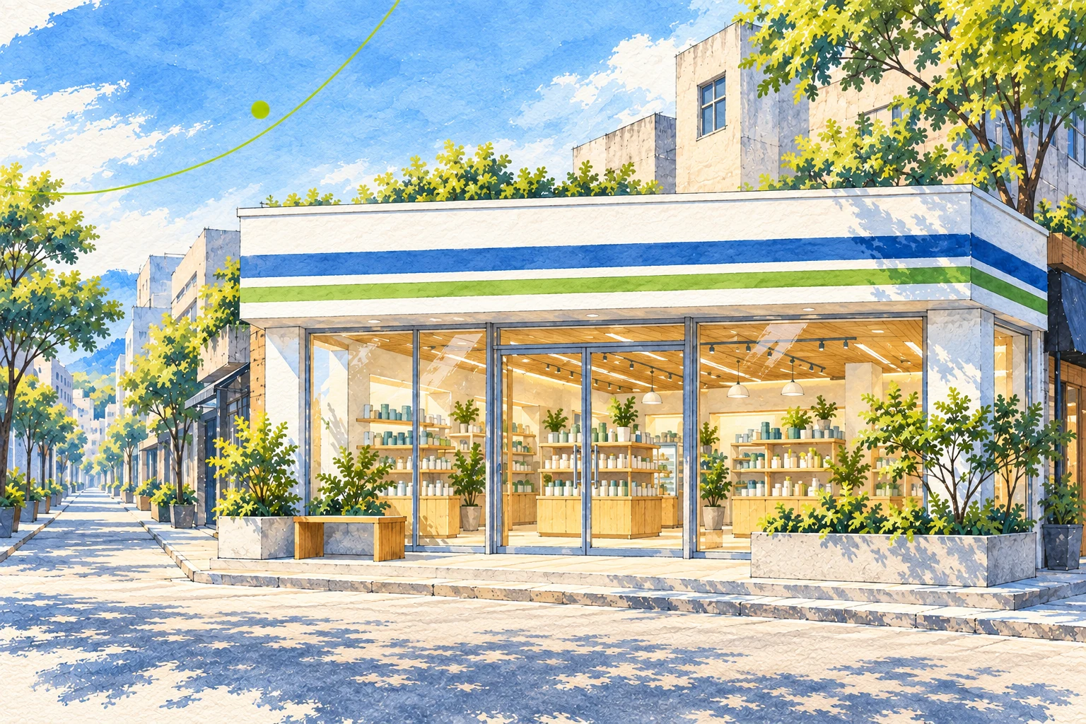 FamilyMart partnership concept illustration: a tree-lined retail street corner, not an actual store