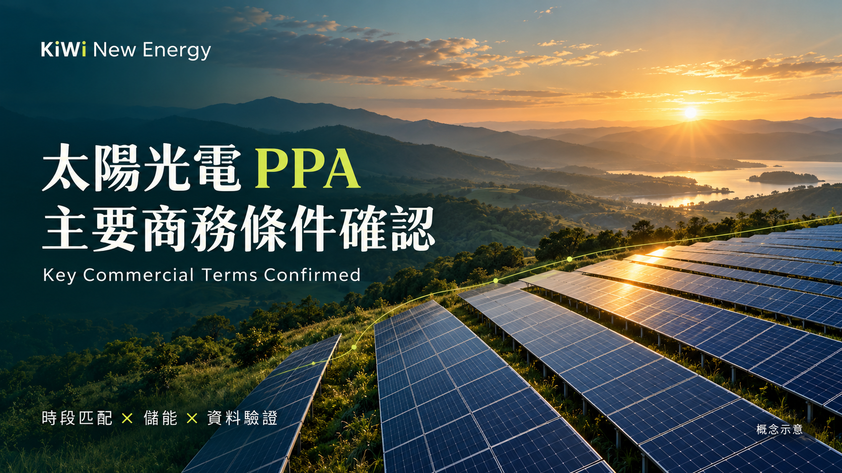 태양광 PPA 주요 상업 조건 확인에 관한 AI 생성 개념도. 석양 아래 태양광 발전소의 상황을 표현합니다.