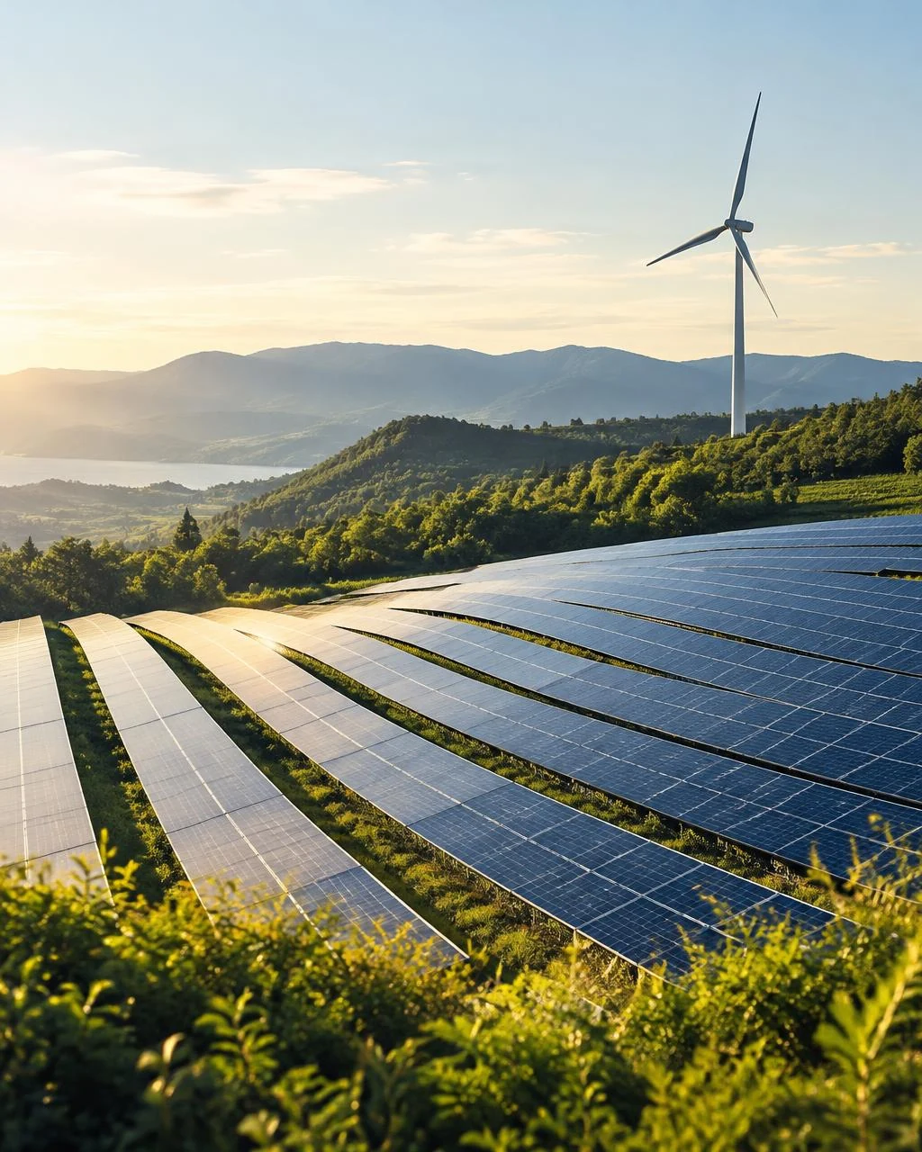 Concept landscape of solar panels and a wind turbine.