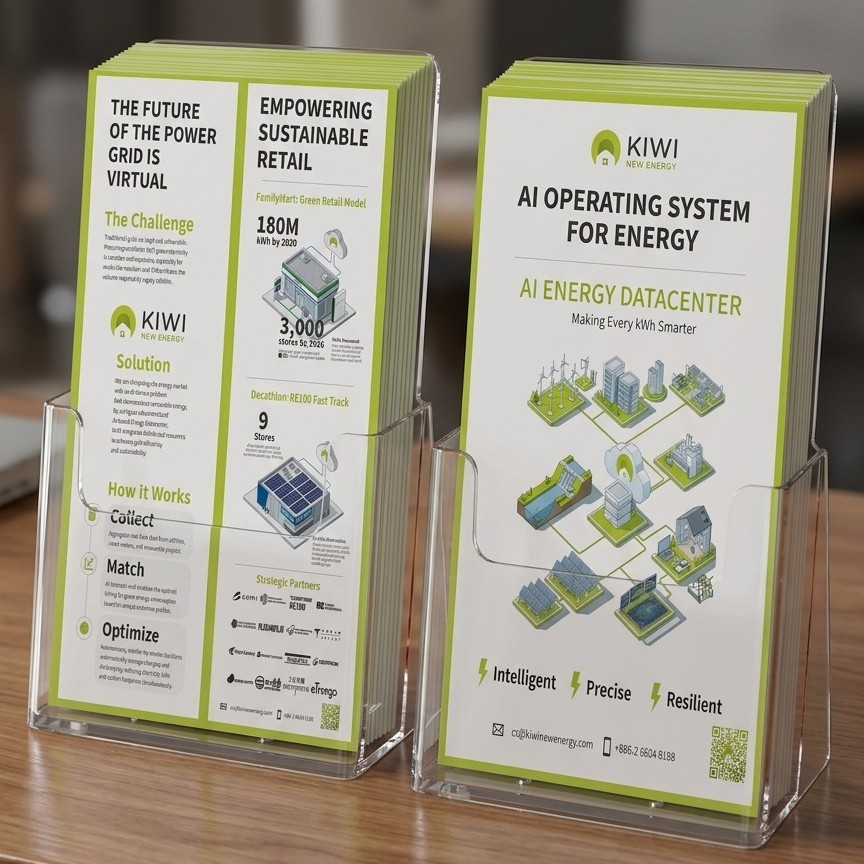 Bilingual brochures shared with visitors: "The Future of the Power Grid is Virtual," "Empowering Sustainable Retail" (FamilyMart 180M kWh / 3,000 stores, Decathlon RE100 Fast Track), and the AI Energy Datacenter overview.