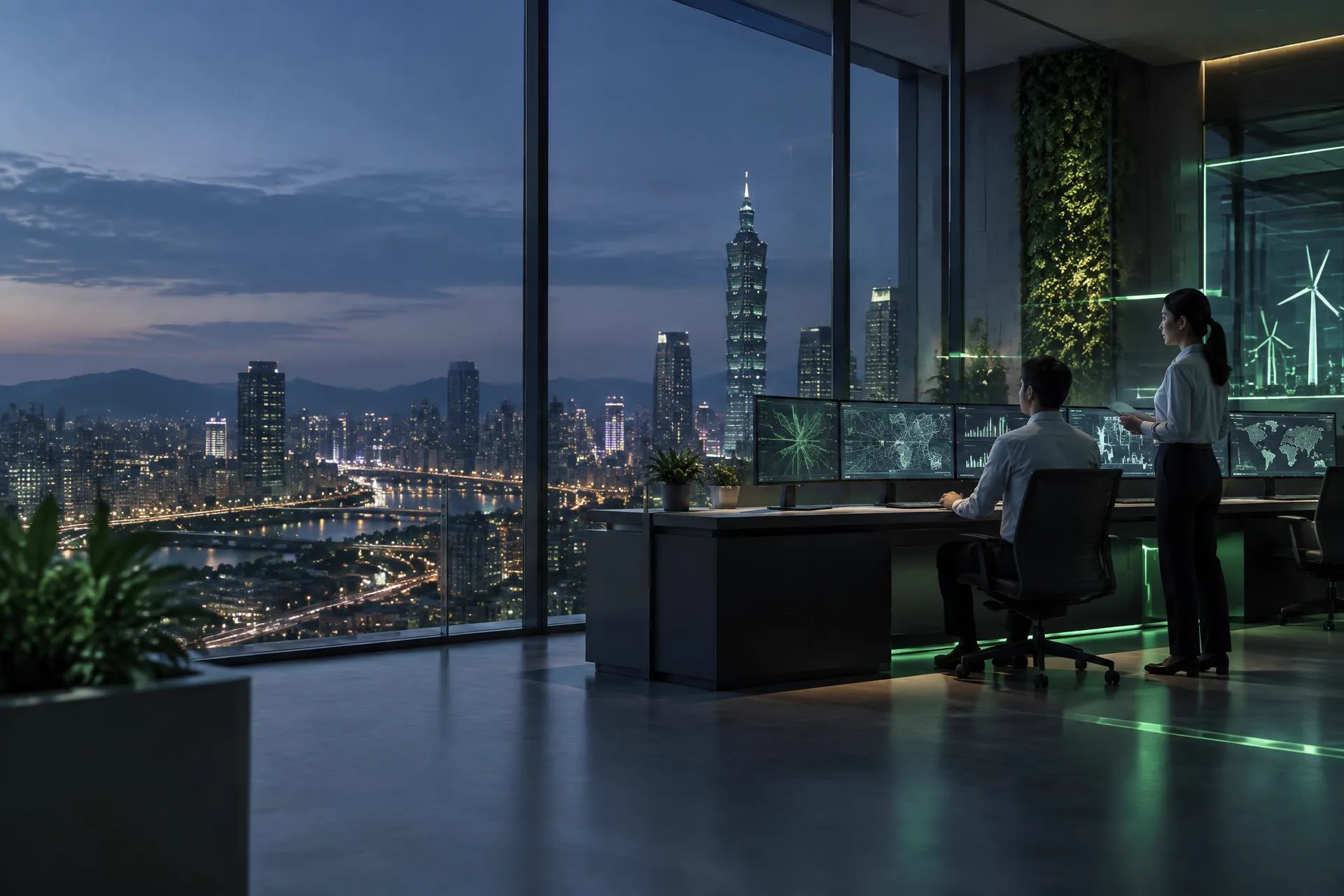 Concept illustration of a commercial energy management centre overlooking an urban power landscape