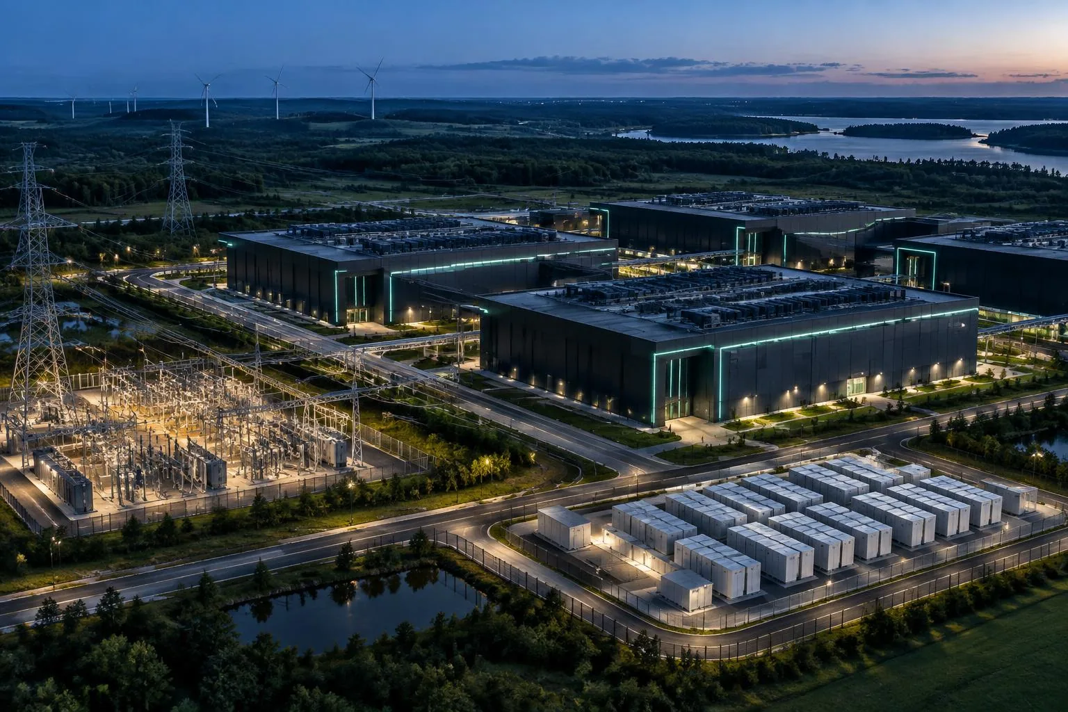 Concept AI data center campus, storage enclosures and grid connection