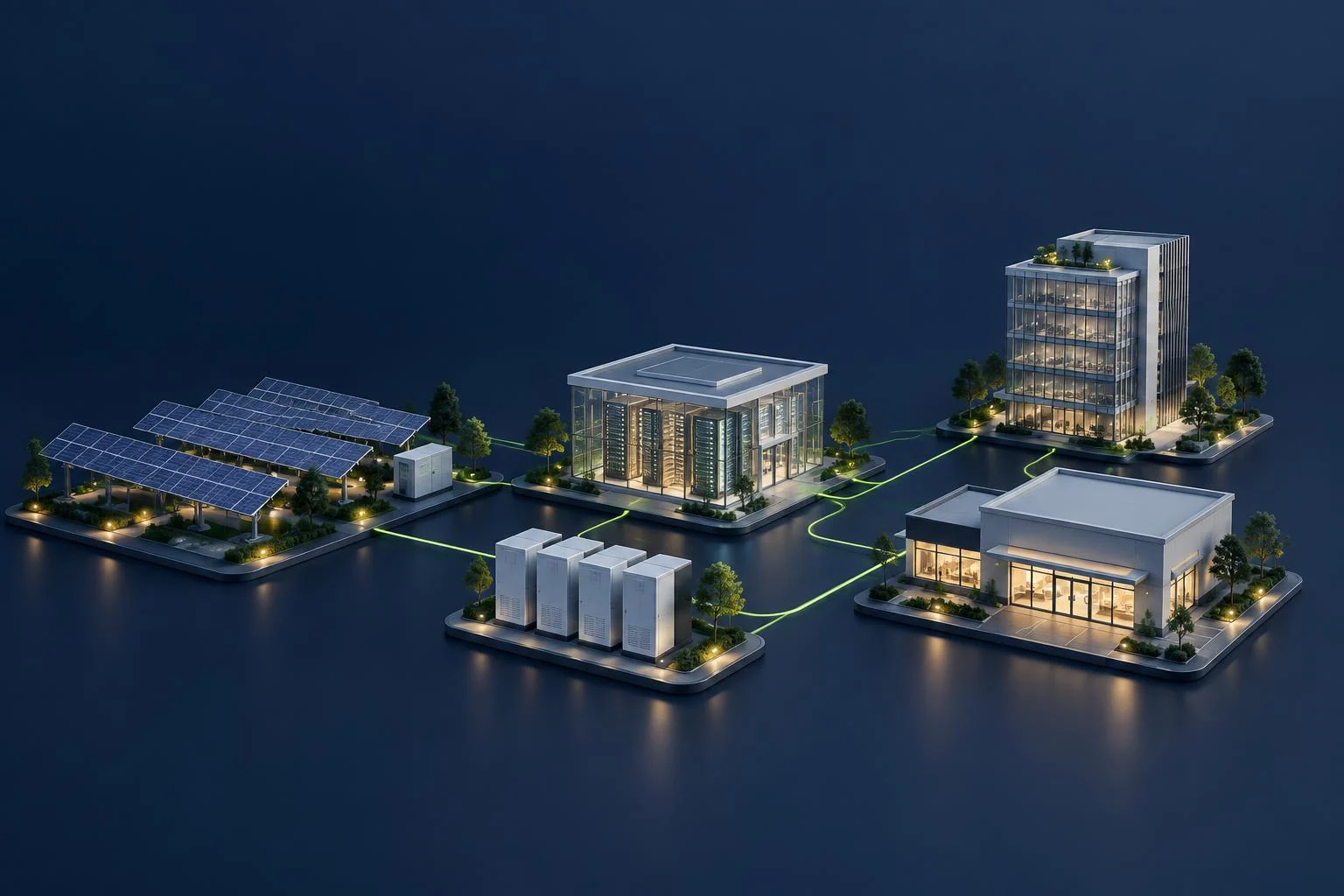 Concept illustration connecting solar generation, battery storage, retail, offices and an AI-EDC data hub.