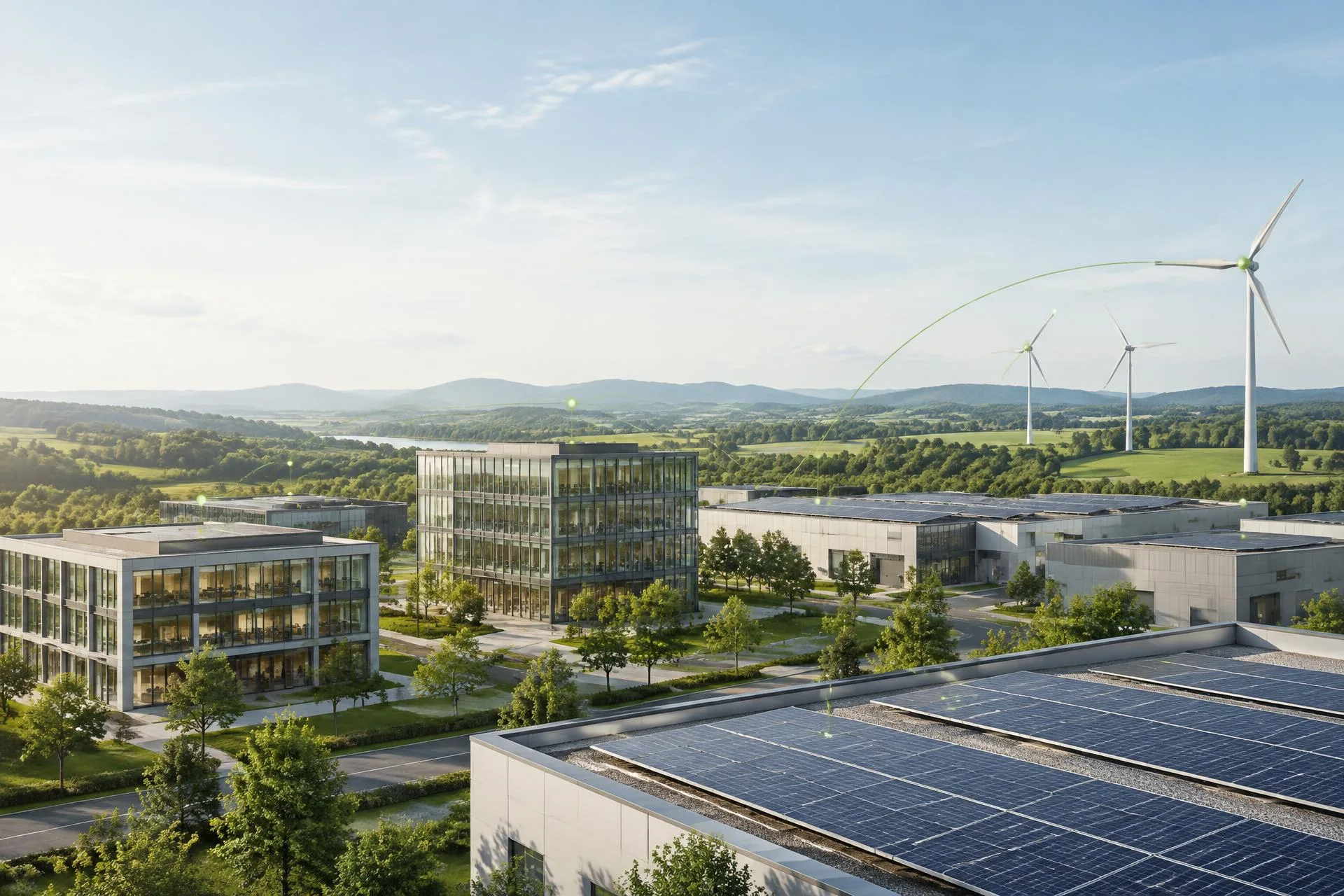 Concept illustration of enterprise buildings, solar and wind generation with subtle energy data connections; not an actual site