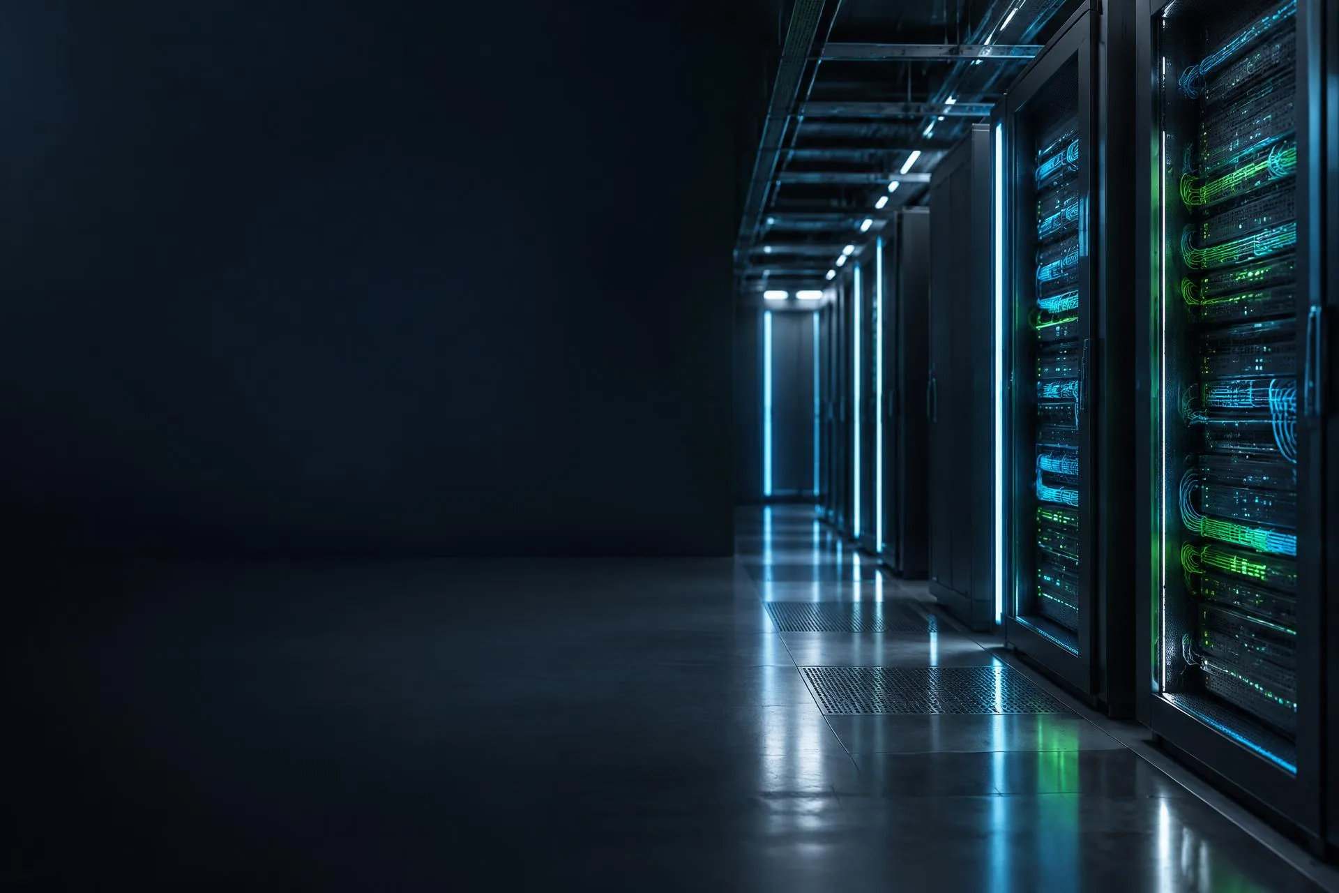 Concept AI server racks with subtle energy-flow accents