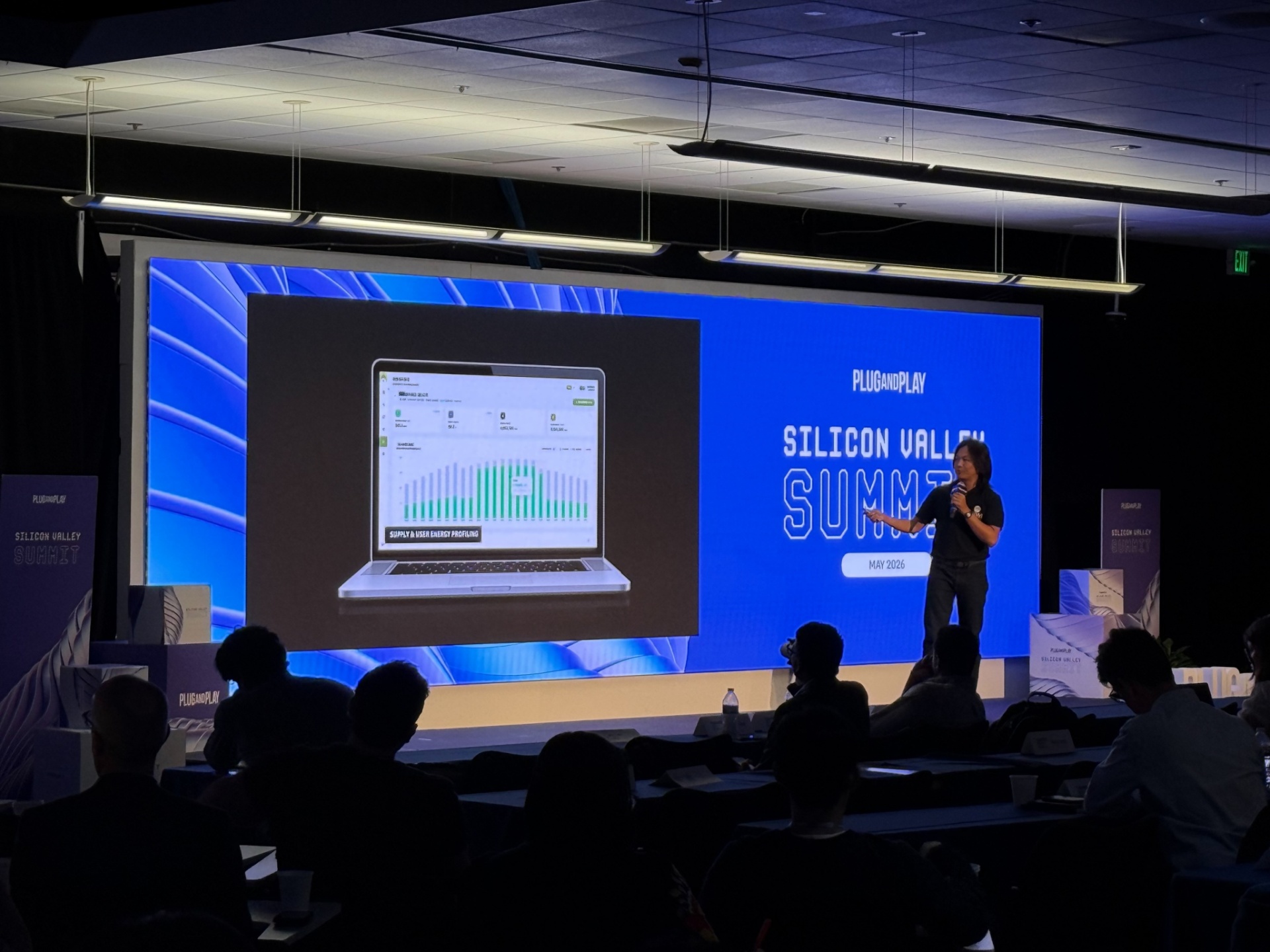 On-stage demo: AI-EDC's Supply & User Energy Profiling view, showing how generation and per-site demand are matched across a distributed portfolio.