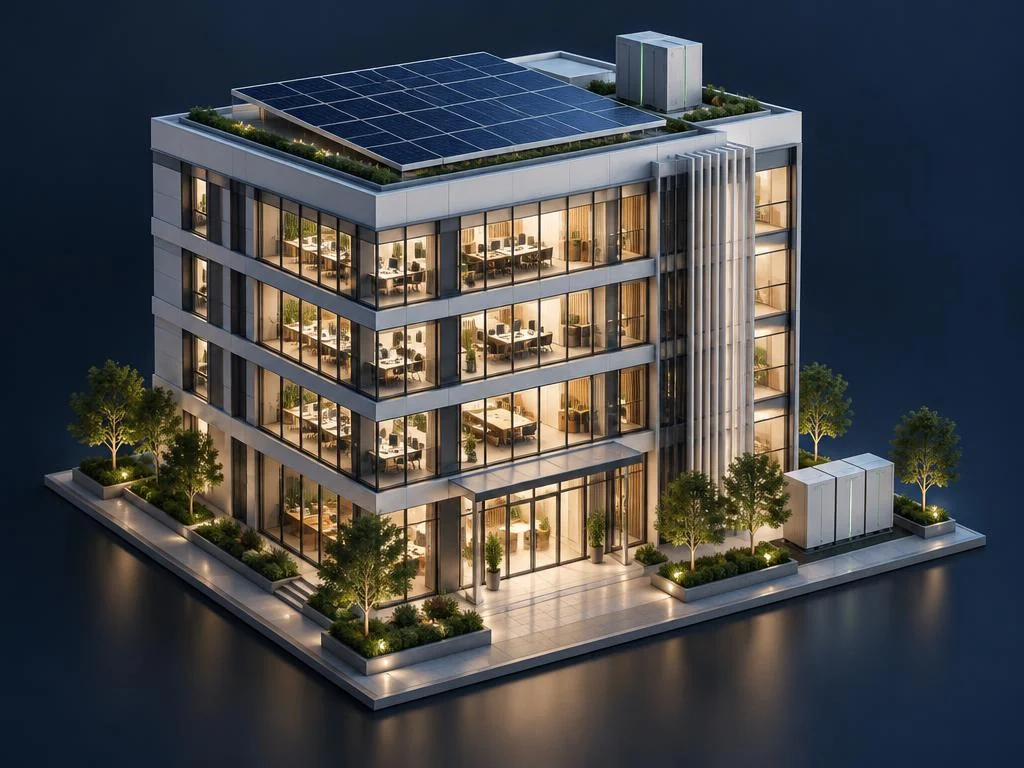 Generated concept of an office building with rooftop solar and storage.