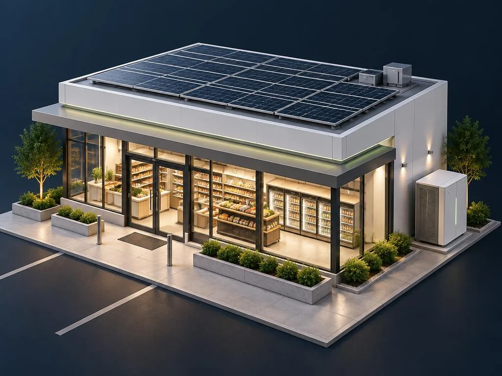 Generated concept of an unbranded retail store with solar panels and a battery cabinet.
